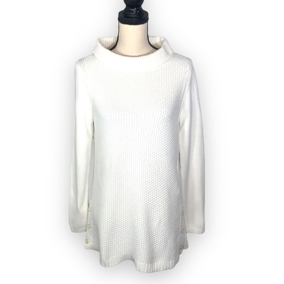 TALBOTS Pullover Sweater Boat Neck Cowl Button Side Hem Ivory size small - Picture 1 of 11